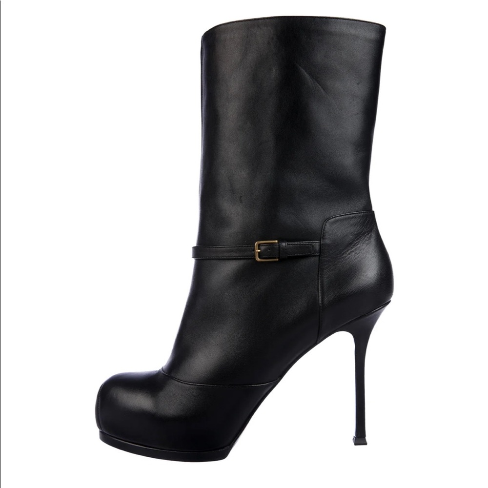 YVES SAINT LAURENT LEATHER FAUX FUR TRIM BOOTS